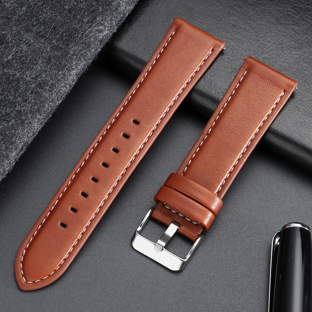 Calfskin Leather Watch Band with Silver Stainless Steel Buckle - Soft Business Wrist Strap