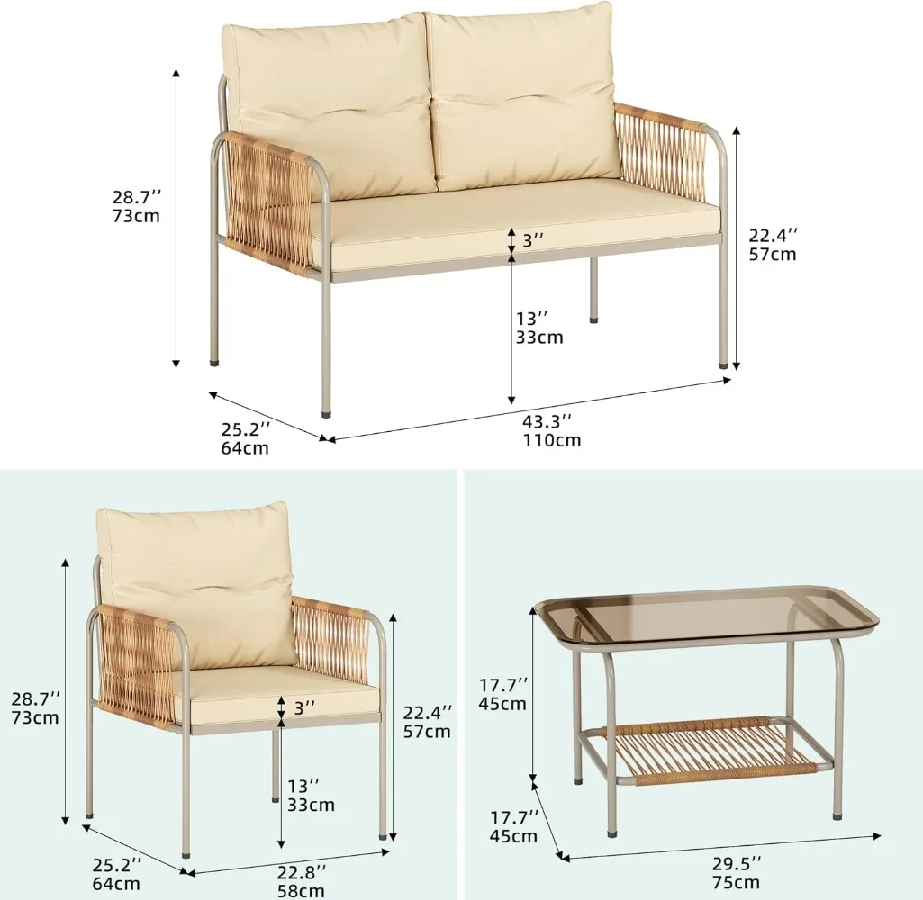 Patio Furniture Set, 4 Pieces Wicker Outdoor Conversation Set, All-Weather PE Rattan Bistro Set with Glass Side Table 5