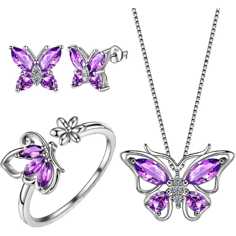 Butterfly Jewelry Set for Women Butterflies Amethyst Birthstone Pendant Necklace/Earrings/Rings for Wedding Valentine's Day Gift bridal jewelry sets,earring ring sets