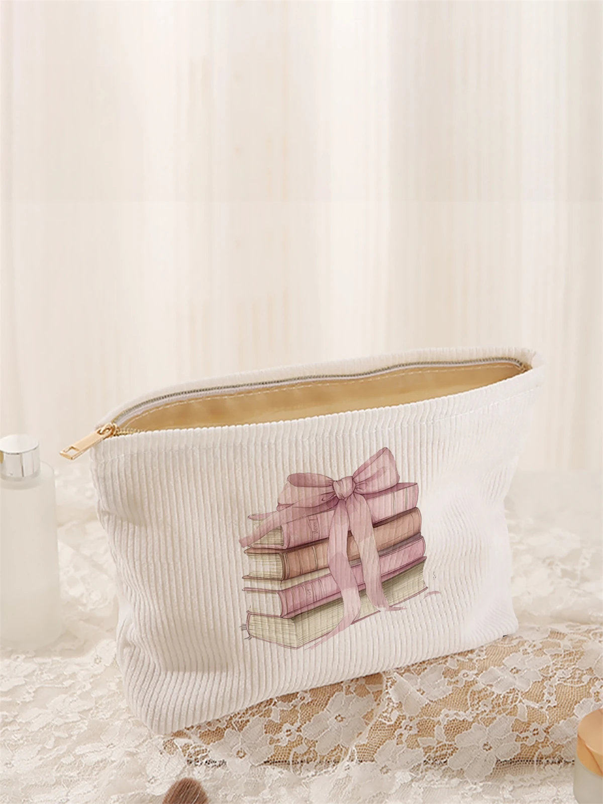 1pc book pattern printed corduroy makeup bag, lightweight zipper makeup storage box, multifunctional bag with lining