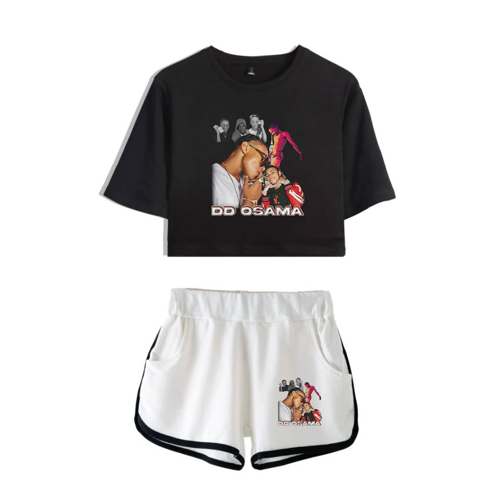 

DD Osama Tour 2023 Vintage Merch Navel Tee Two Piece Set Short Sleeve Crop Top+Shorts Hip Hop Rapper Women's Sets