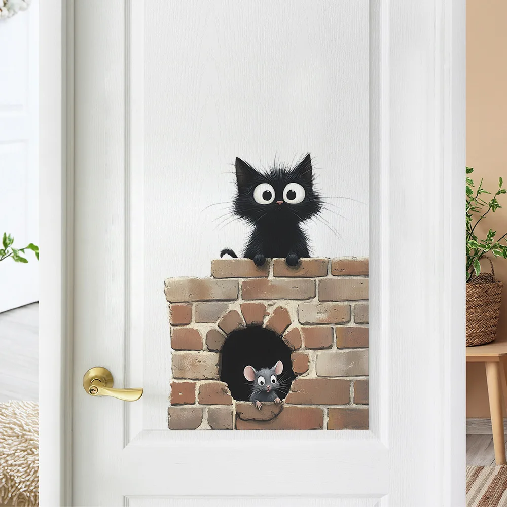 Wall Stickers Cartoon Cat Mouse Wall Sticker Kids Room Background Decor Beautify Mural Bedroom Study Door Home Decoration Self-adhesive Decals