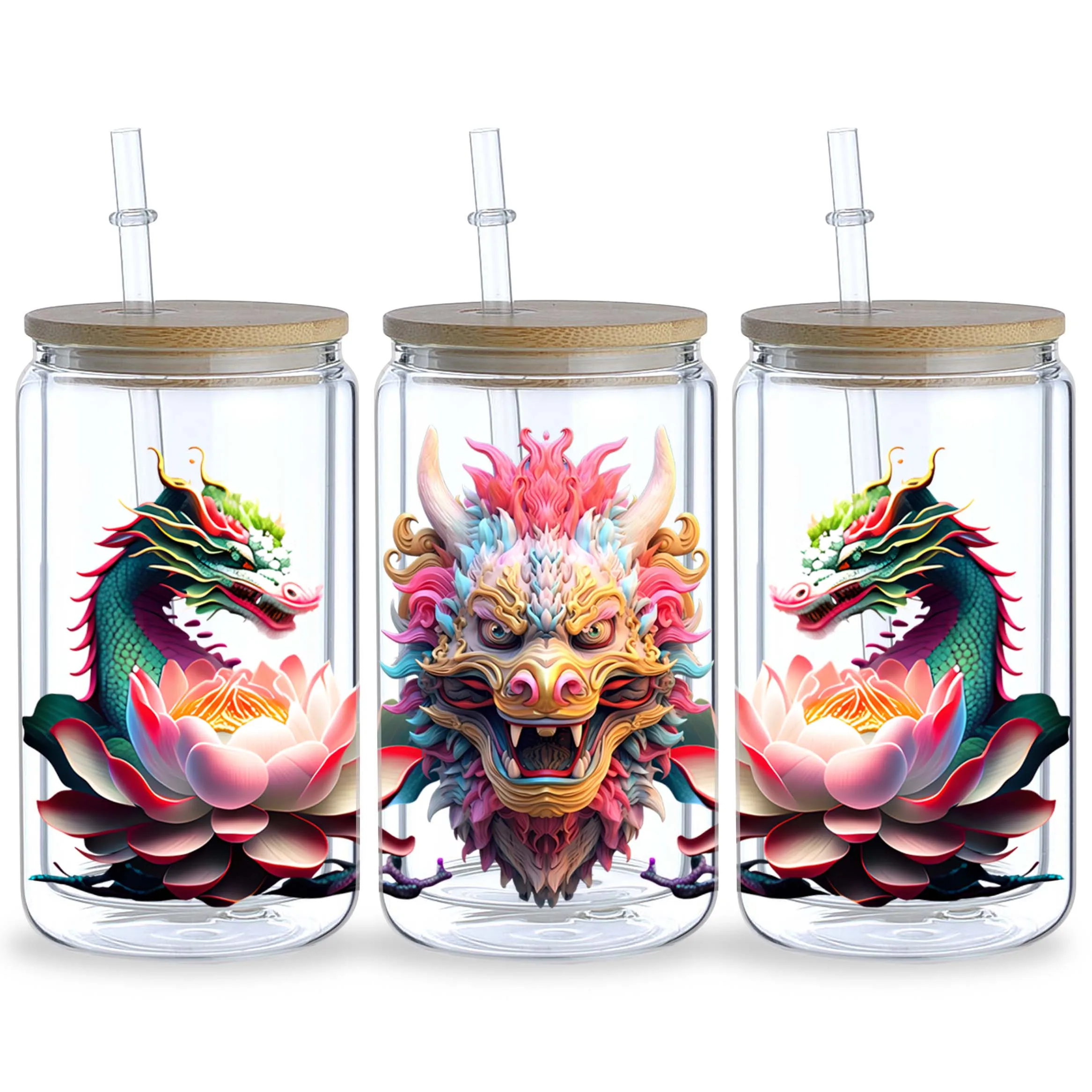 Chinese Dragon UV DTF Cup Holder 5 sheets 16 oz Dragon Head DTF Cup Holder Transfer Glass Water Bottle Waterproof Sticker