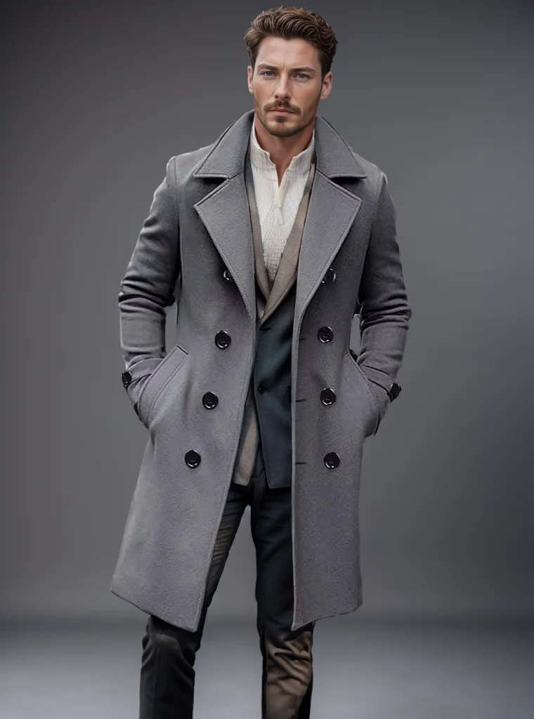 Men Coat Autumn Winter Double Breasted Mid Length