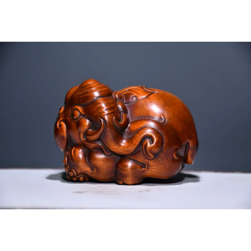 

3.1" Chinese Box-wood Hand Engraving Lovable Animal Elephant Statue Craft Gift Decoration Home Decore