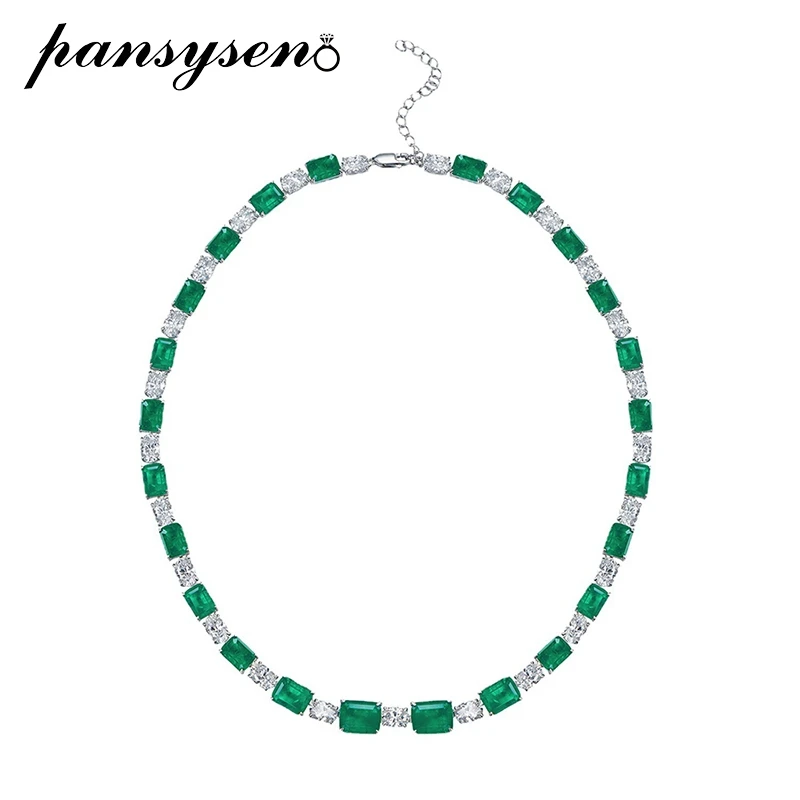 

PANSYSEN Vintage Real 925 Sterling Silver Emerald Simulated Moissanite Diamond Necklaces for Women Anniversary Fine Jewelry Gift