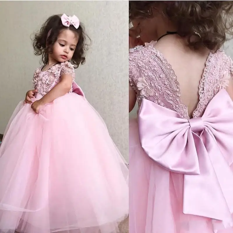 

Baby Pink Flower Girls Dress Lace Rose Gown With Bow Floor Legth Kids Girl Wedding Party First Communion Ball Gown Tutu Skirt