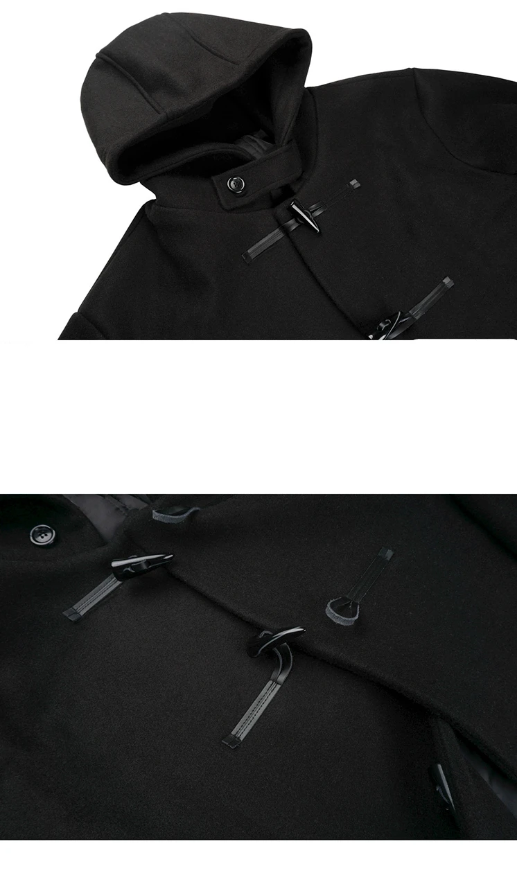 Description Picture 5 of itemMen's Hooded Horn Button Woolen Overcoat Korean Loose Windproof Long Lapel Trench Coats Male Solid Casual Daily Woolen Coat New