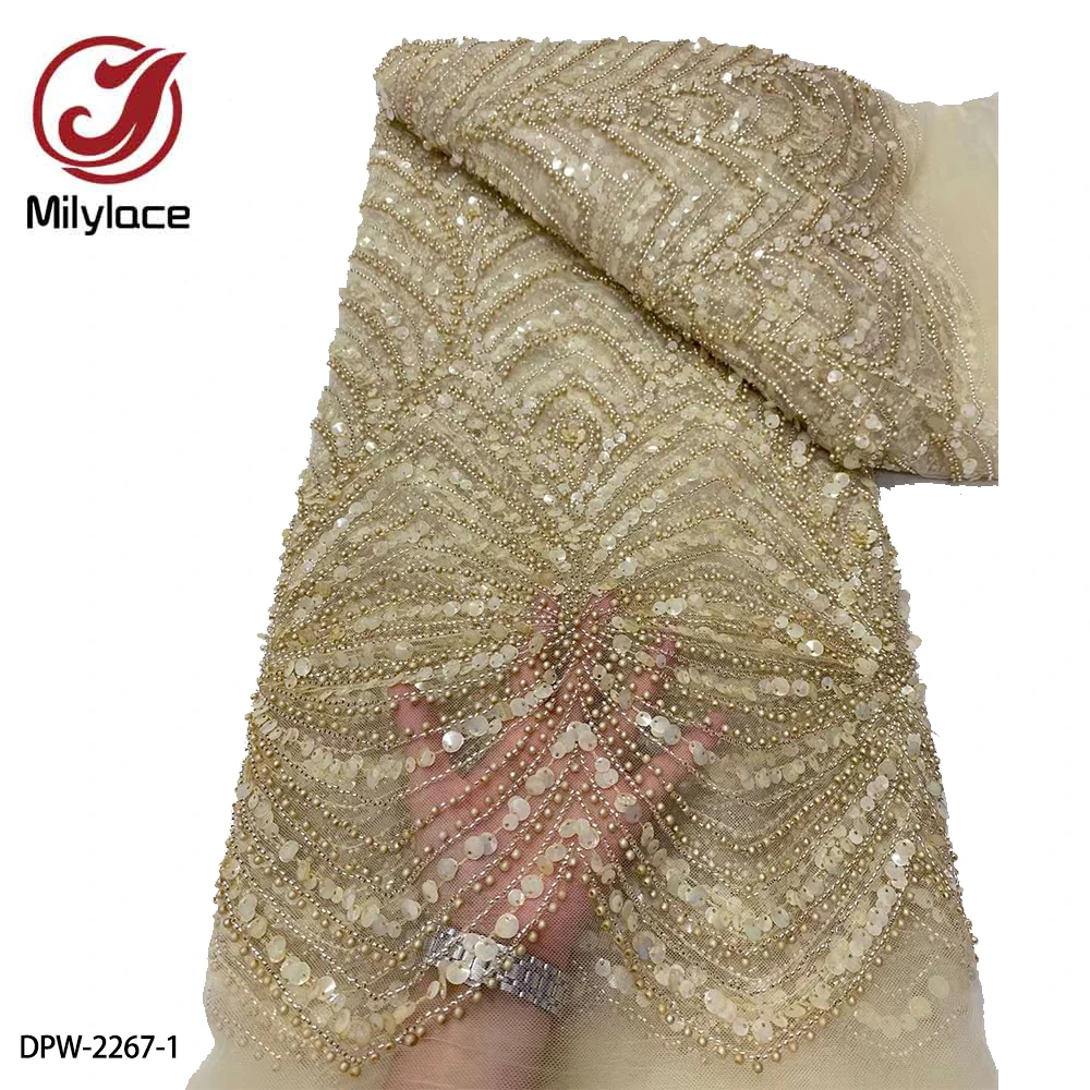 

Luxury African Heavy Beaded Lace Fabric 2023 High Quality Nigerian Sequin Tulle Fabric Material for Wedding 5 Yards DPW-2267