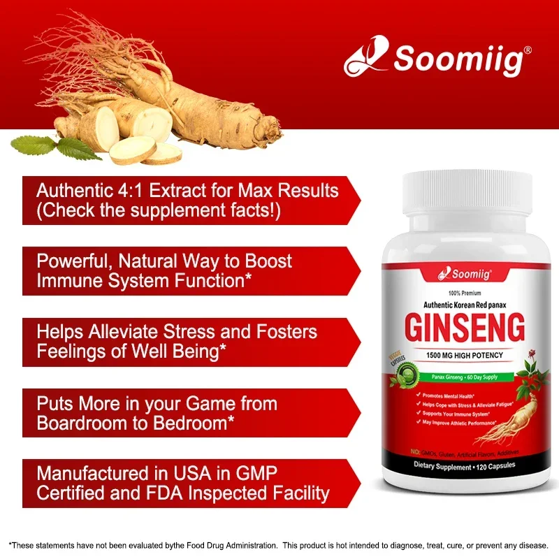 Authentic Korean Red Ginseng (Panax Ginseng) Capsules for Immunity Energy Fatigue and Stress Relief and Mental Focus