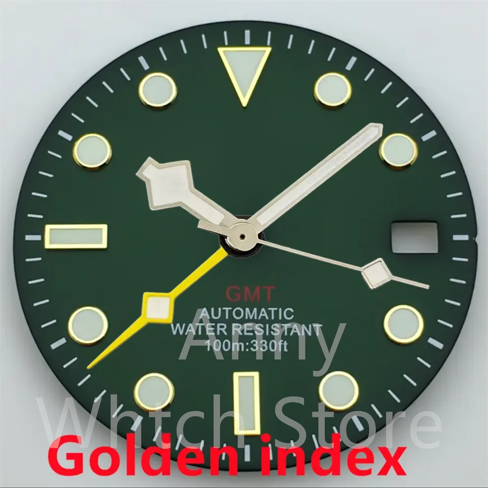 Green Luminous GMT Watch Dial with Four Hands - Premium 29mm Replacement Part