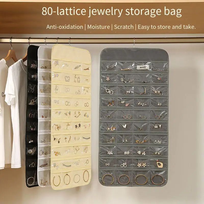 

80 Grids Double-Sided Jewelry Hanging Storage Bag Business Membership Card Organizer Sundries Necklace Earrings Storage Pocket