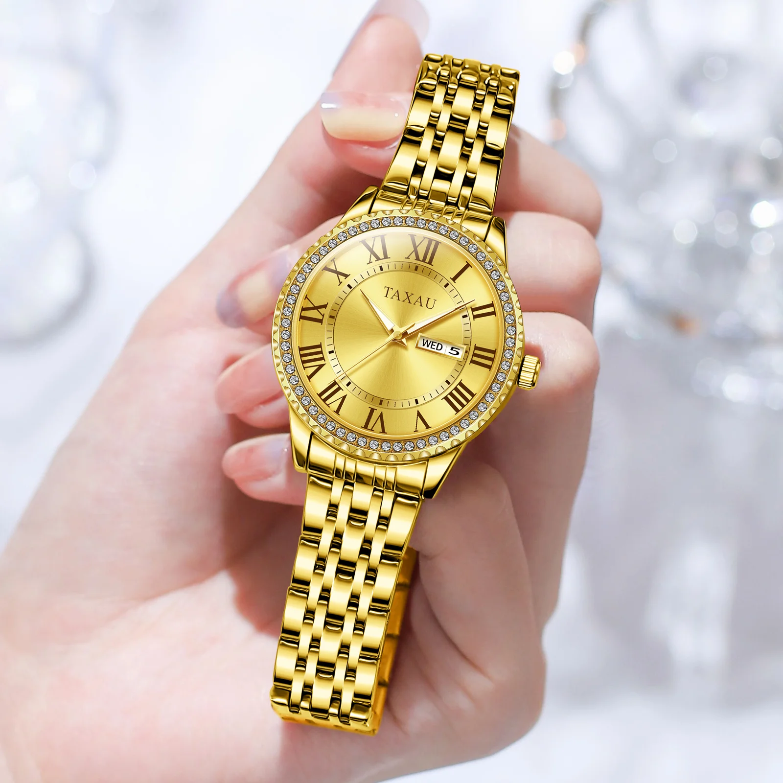 

TAXAU Women's Watches Luxury Brands Fashion Rhinestone Stainless Steel Dual Calendar Quartz Ladies Wristwatches Reloj Para Mujer