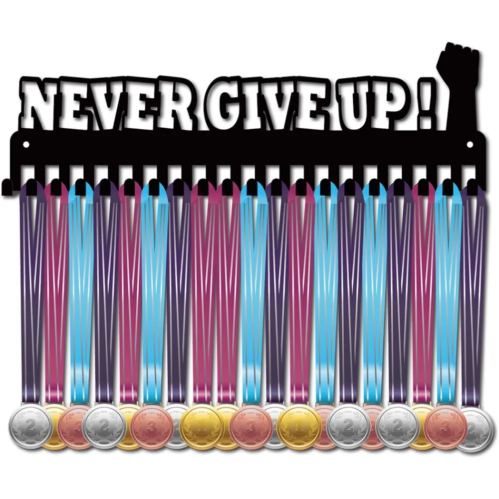 

Never Give Up Metal Medal Holder Sports Medals Display Hanger Rack Wall Mount Decor Frame with 20Pcs Hooks for Athlete Runners