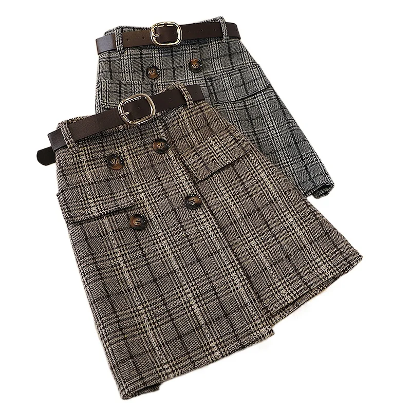 

Irregular woolen skirt women's autumn and winter large size retro student skirt plaid breasted bag hip skirt