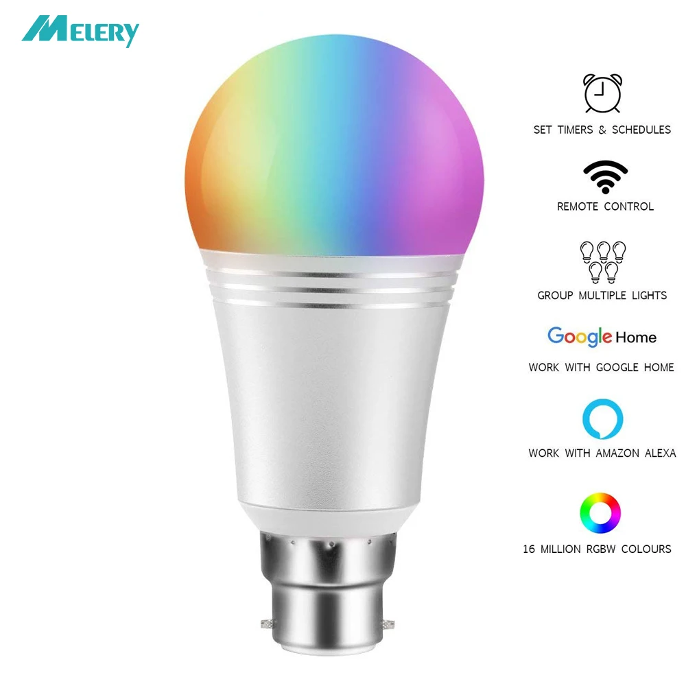 B22 Wifi Smart LED Light Bulb Bayonet Lamp 7W Equivalent 60W RGB Warm Cool  White Dimmable Remote Control By Alexa Google Home