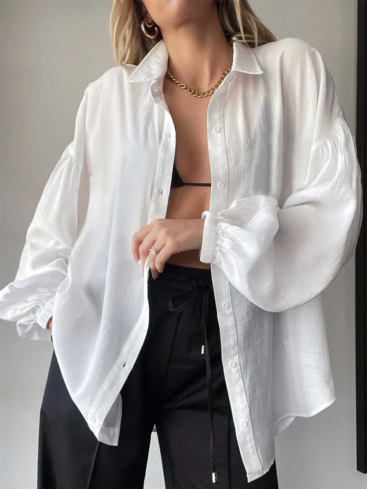 

2023 Summer Oversize White Shirt for Women Long Sleeve Top Thin See-through Button Up Shirts Sunscreen Women's Beautiful Blouses