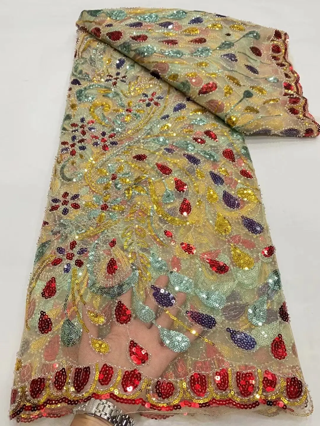 

2023 African Nigerian Latest High Quality Tulle Lace Fabric Sequins Embroidery Dresses Beads Sewing Guipure Prom 5Yards DP0024