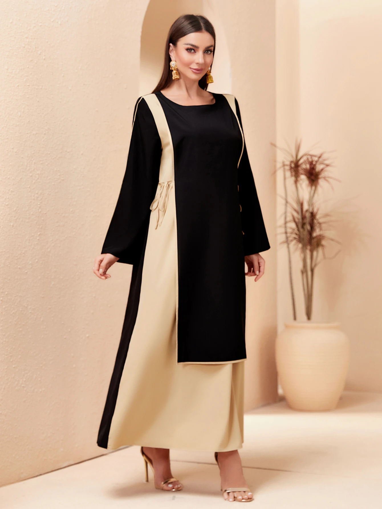 Abaya Ramadan Dubai Color Block Long Sleeve Kaftan Dress, Elegant Tied Waist Ankle Length A-line Dress, Women's Clothing