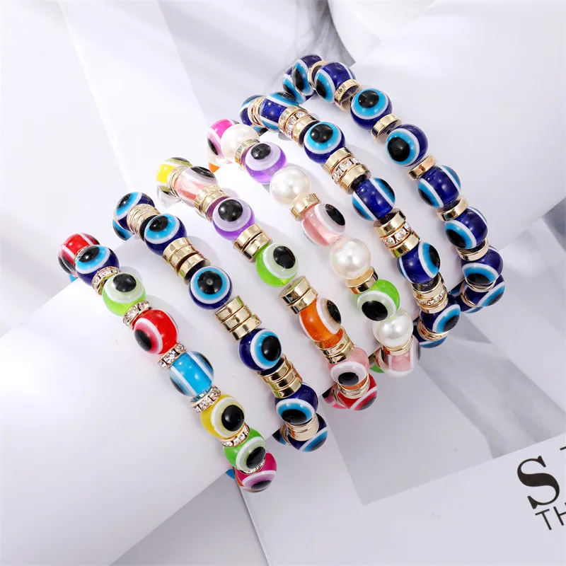 Colored Bling Evil Eye Beads Bracelet For Women Men Couple Trendy