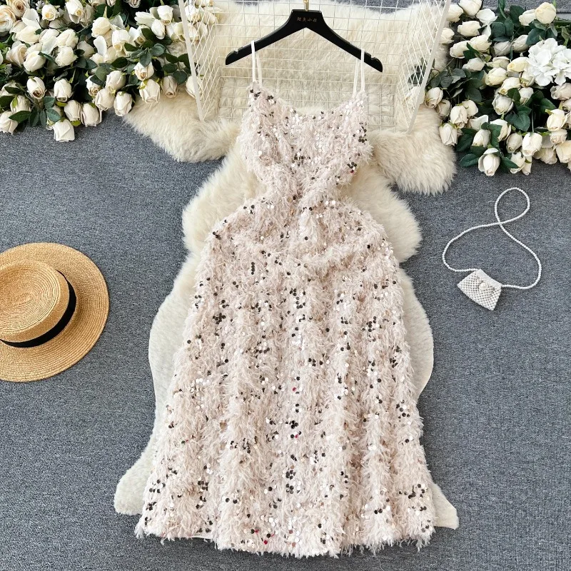 

Women Sexy Sequin Fluffy Tassels Slip Dress Chic Vintage Evening Party Club Dress Women Chic Slim Ceremonial Hip Wrap Dress