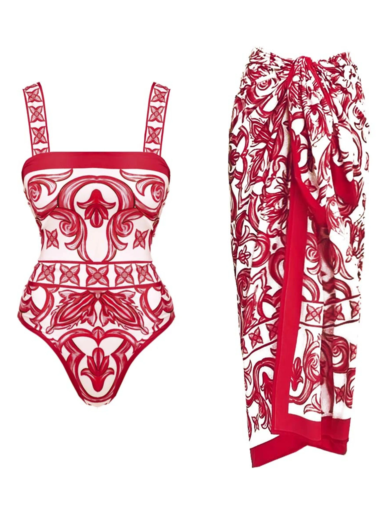 2024 New Ethnic Style Printed One Piece Swimsuit For Women Swimwear And Beach Sarong High Waist Bathing Suit Beachwear Monokini 6
