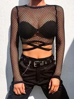 Sexy nouveau maille Goth à manches longues t-shirt femmes creux transparent résille hauts été chemise décontractée Streetwear vêtements pour femmes 1