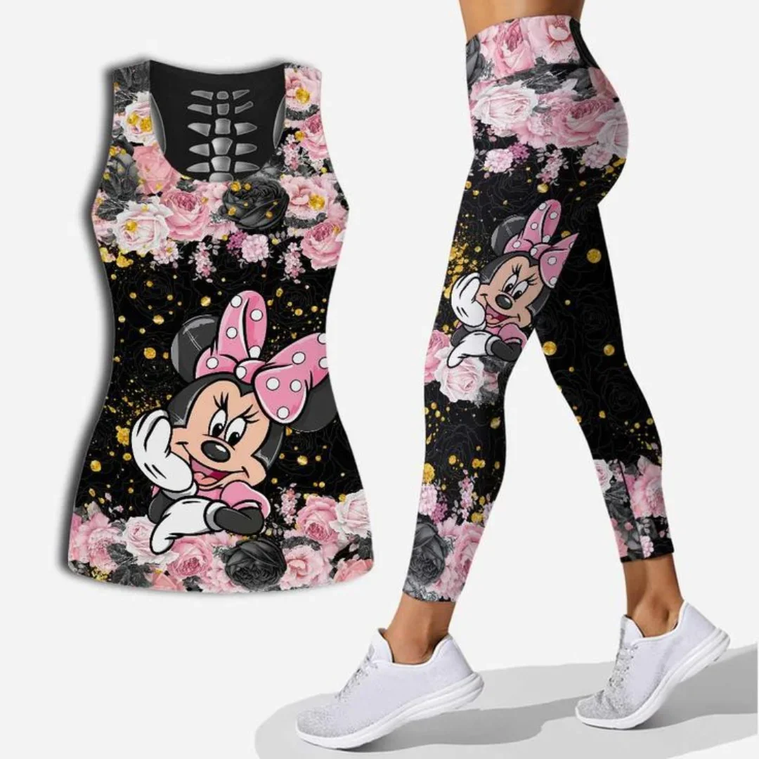 Minnie Mickey Women's Hollow Vest Women's Leggings Yoga Suit Fitness Leggings Sports Suit Disney Tank Top Legging Set Outfit