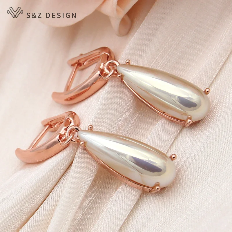 S&Z DESIGN New Fashion Elegant 585 Rose Gold Color Water Drop Simulated-pearl Dangle Earrings For Women Wedding Jewelry