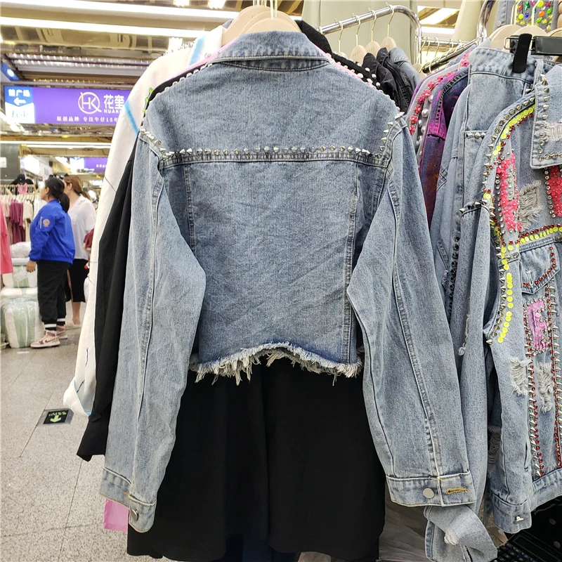 무거운 작업 다이아몬드 리벳 긴 소매 데님 재킷, 여성 루즈핏 짧은 카우보이 겉옷, 빈티지 블루 밑단 마모 청바지 재킷
