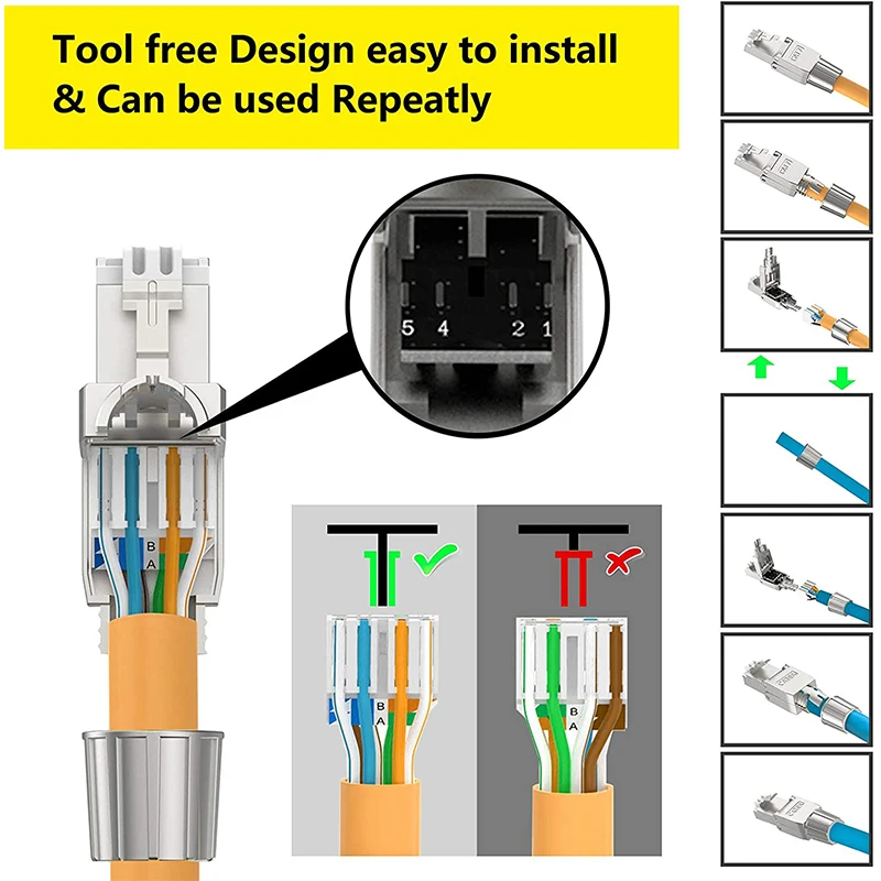 Connecteur de champ non blindé RJ45 8P8C, connecteur de terminaison pour  câble d'installation solide Cat.6/6A/7 23awg