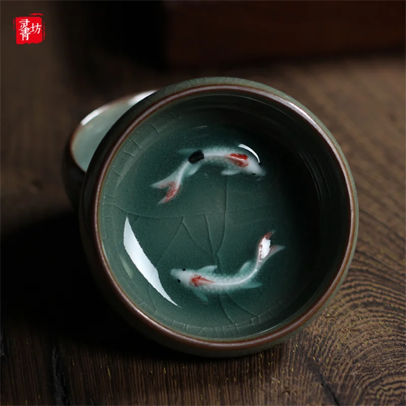 Longquan Celadon Porcelain Teacups Chinese Teapot Golden Fish Tea Cup Bowl 60ml Crackle Tea Set Cups Drop Shipping