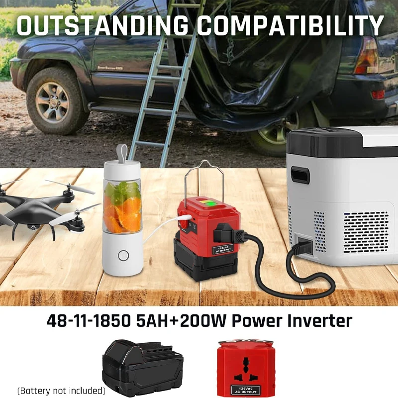 Inversor Portátil ao ar Livre para Milwaukee 18v Bateria para ac 110v 220v Usb Tpye-c Power Bank Converter com Conversor de Luz 200w - Image 2