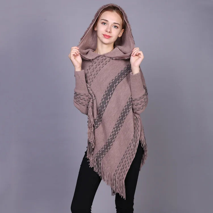 Women's Fall Winter Warm Knitted Striped Long Sleeve Hooded Poncho Cape Jacket Sweater with Tassel Detail Dropshipping