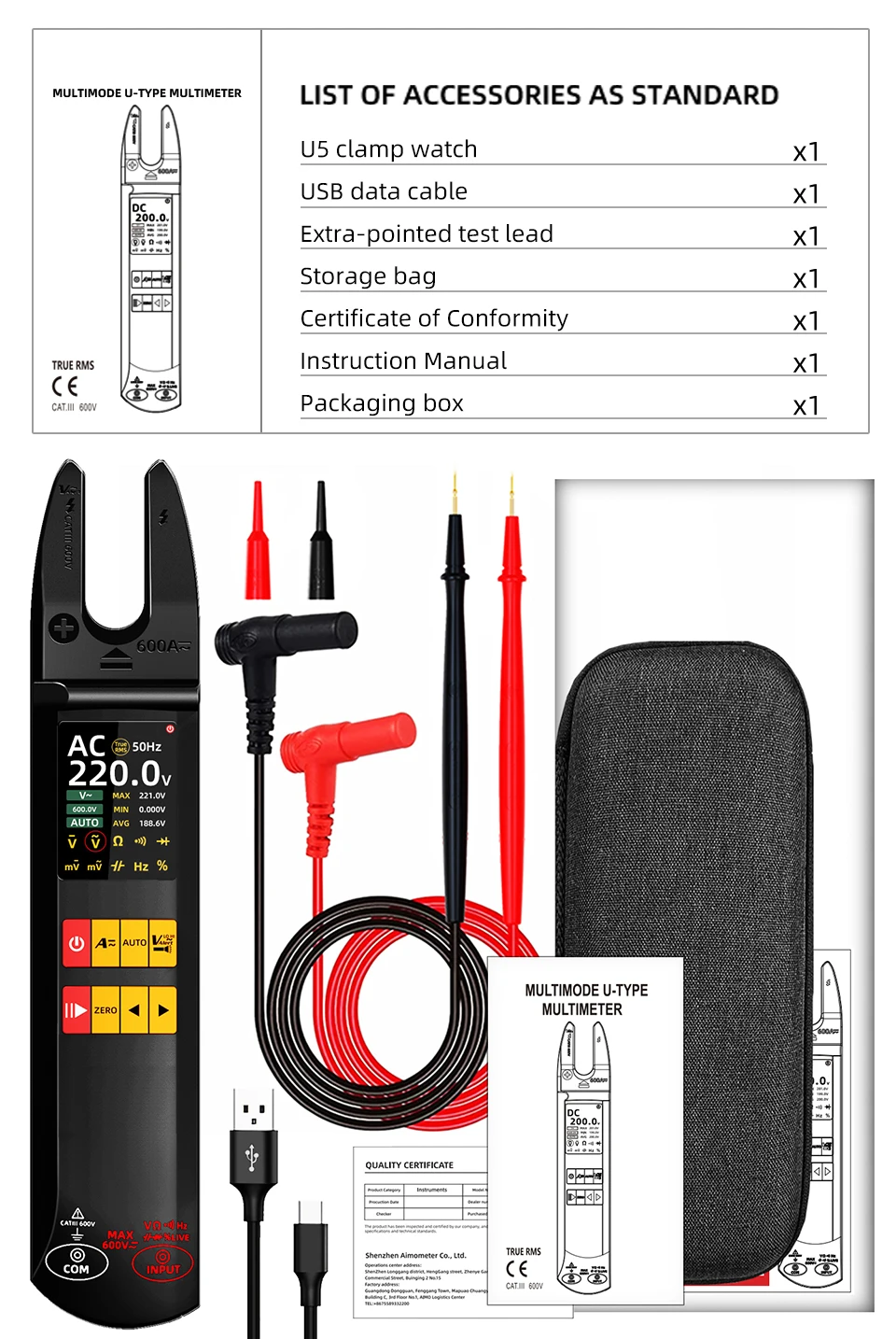 U5 Clamp Meter Open-Jaw DC AC 600A Smart TRMS Digital Multimeter Amp Capa Diode