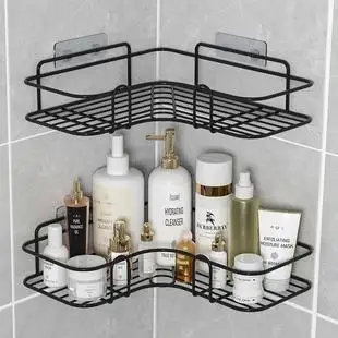 Double-tier black corner bathroom shelf holding various bottles