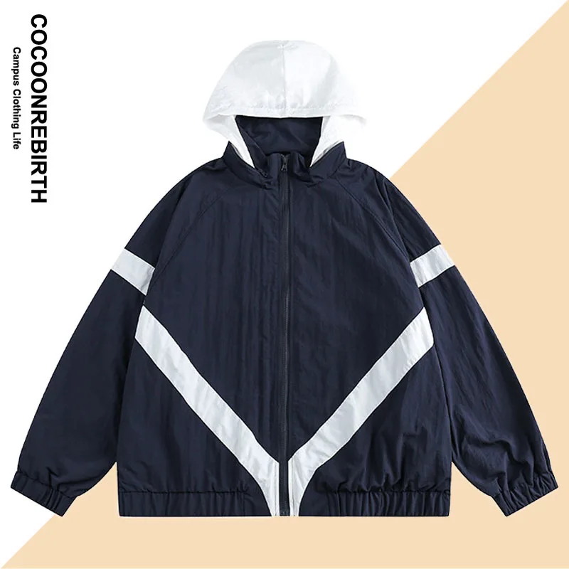

Harajuku Men Patchwork Hooded Jackets Coats 2023 Fashion Hit Color Streetwear Vintage Windbreaker Japanese Casual Bomber Jackets