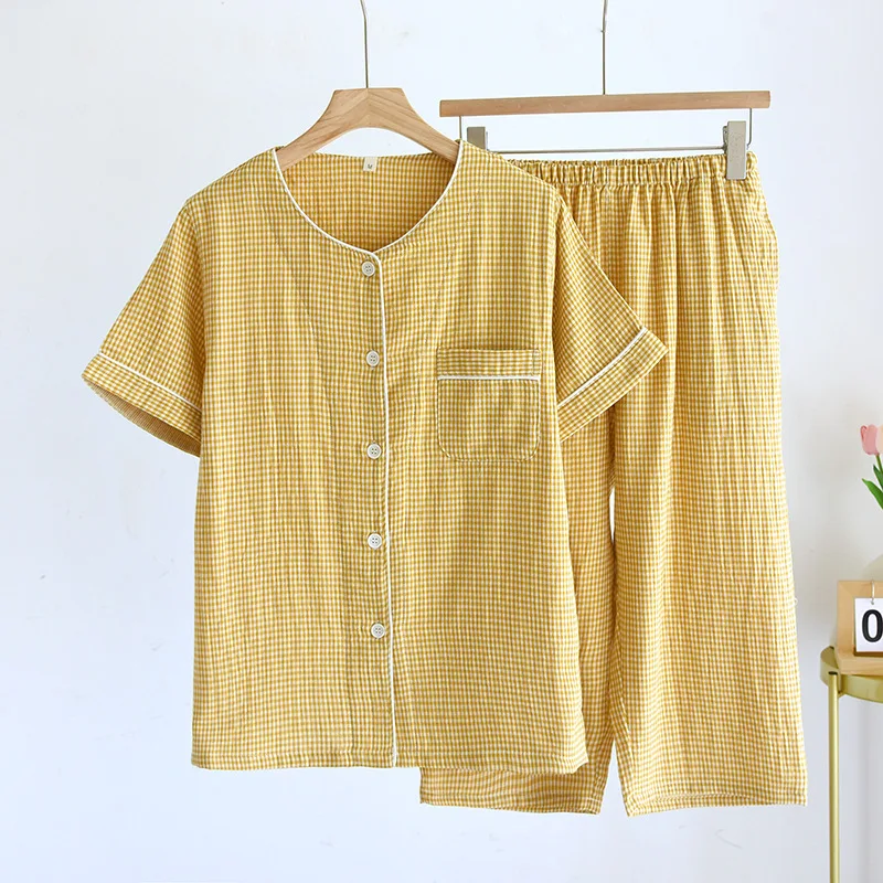 2024 Spring/Summer Couple Pajama Set 100% Cotton Gauze Short Sleeves+Capris Two Piece Men's and Women's Checkered Home Fur