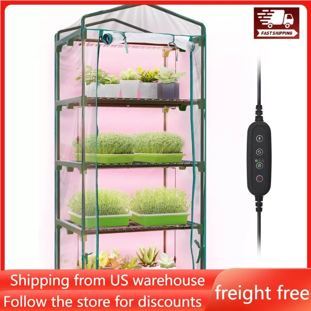 

Indoor Greenhouse with Grow Lights, 4 Tier Mini Greenhouse with Zippered PVC Cover, Dimmable 2FT 60W Plant Light, Free Shipping