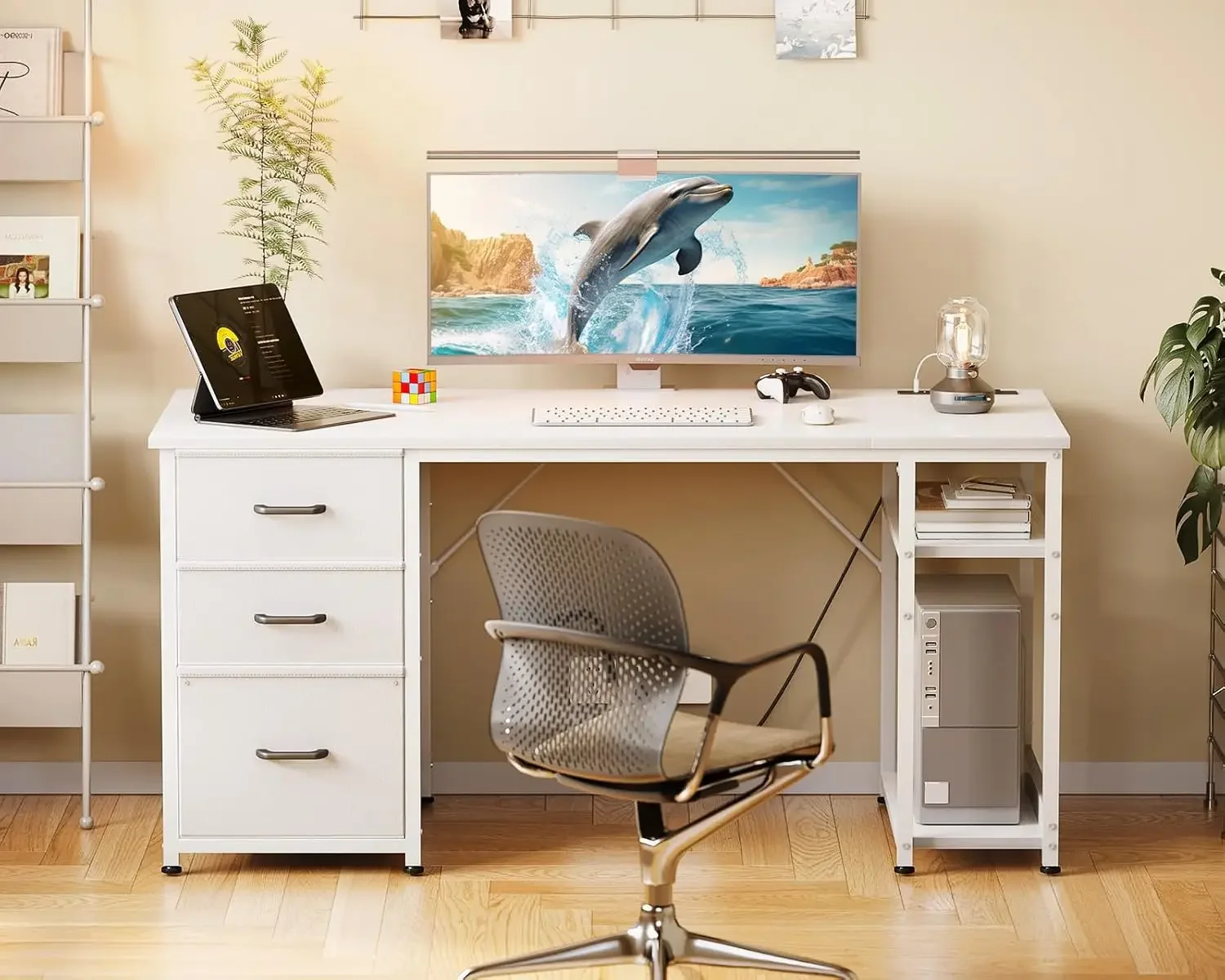 New2025-51 Inch Computer Desk with File Drawers & USB Power Outlets- Reversible Home Office Desk with Storage Shelves