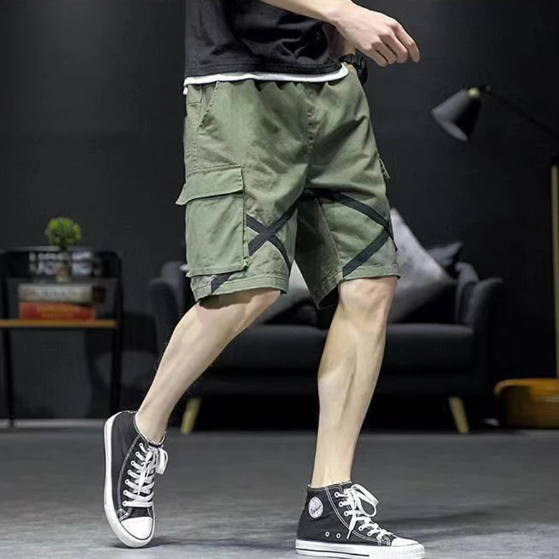 Fashion Loose Elastic Waist Spliced Pockets Bandage Cargo Shorts Men's Oversized All-match Casual Shorts 38 S60d42447020e42ccbdc9aeabe8bb9cfdU