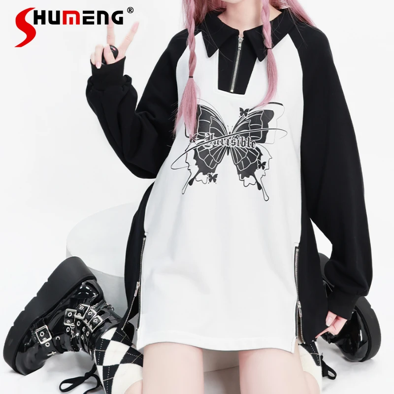 

Japanese New Hoodies Polo Collar Stitching Zipper Mid-Length Sweatshirts Dress Loose Autumn Winter Printing Top Streetwear Women