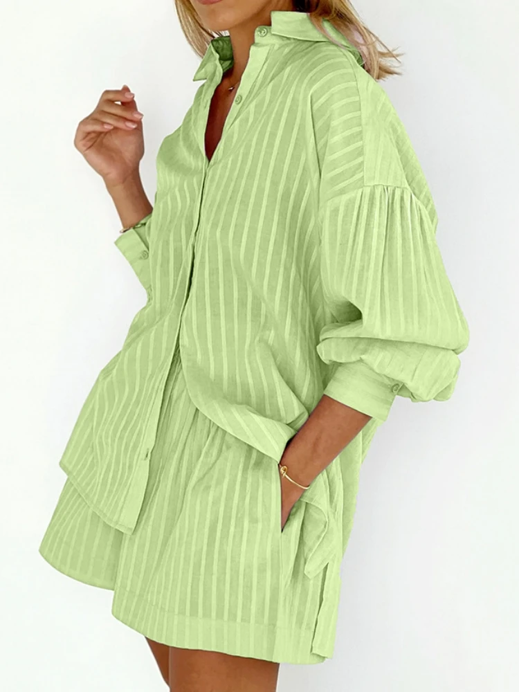 Ladies Two Piece Sets Womens Outfits Striped Ensemble Femme 2 Pièces Été Bubble Sleeve Conjuntos Feminino Elegante Loose Fit