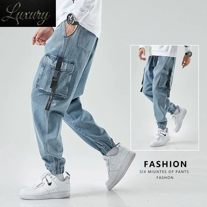 

Джоггеры мужские из денима, брюки-карго, брюки-султанки в стиле ретро, повседневные джинсы до щиколотки в стиле Харадзюку, стиль хип-хоп