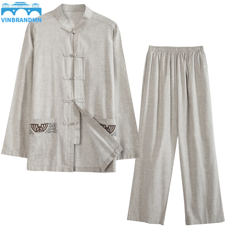 

Vinbrandmn Tang Suit Long-sleeved Tai Chi Suit Linen Men's Suit Chinese Style Kung Fu Han Suit Suit Shirt + Pants 2-piece Set