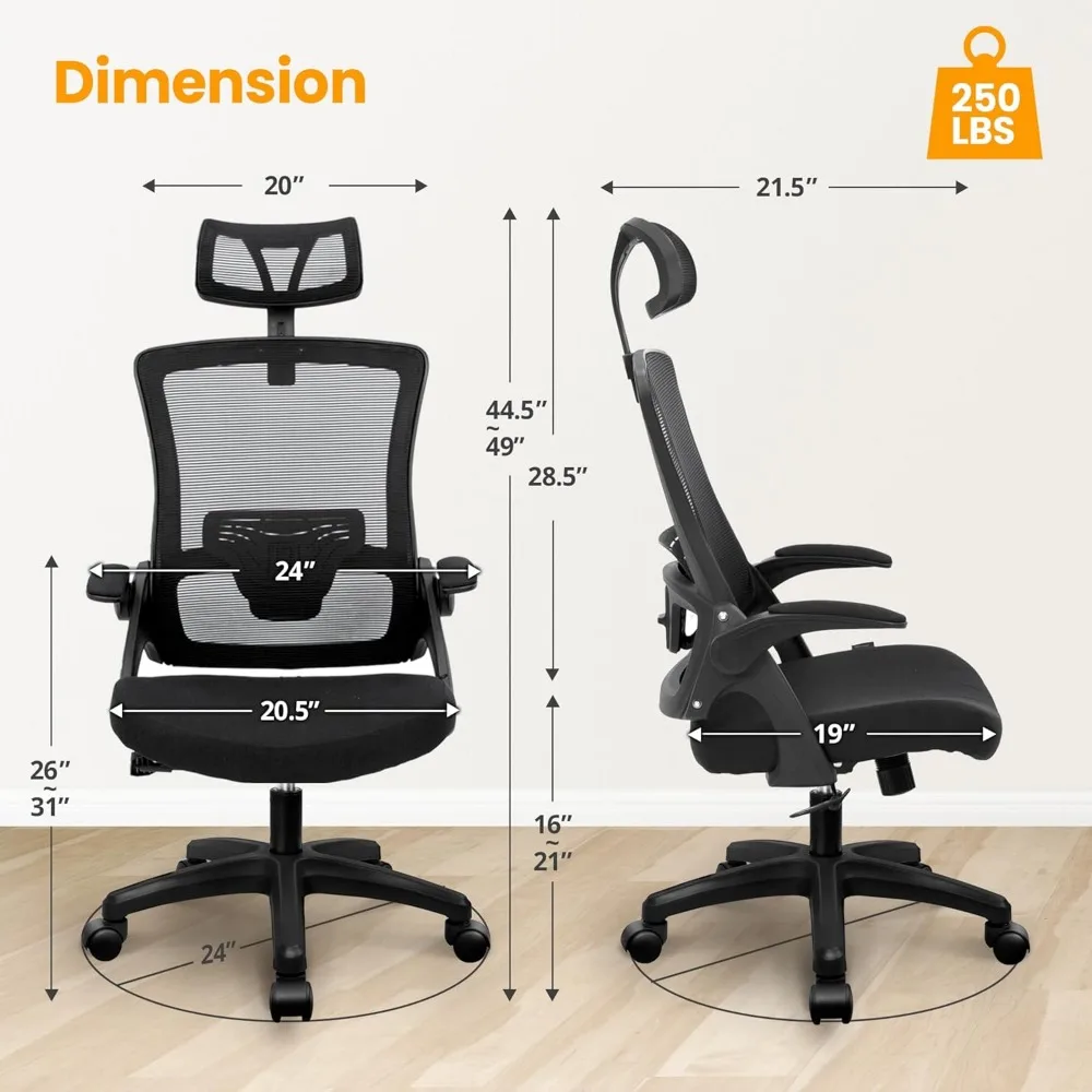 Ergonomic Office Desk Chair High Back Computer Gaming Mesh Chair with Comfy Task Adjustable Arms Lumbar Support Headrest 2