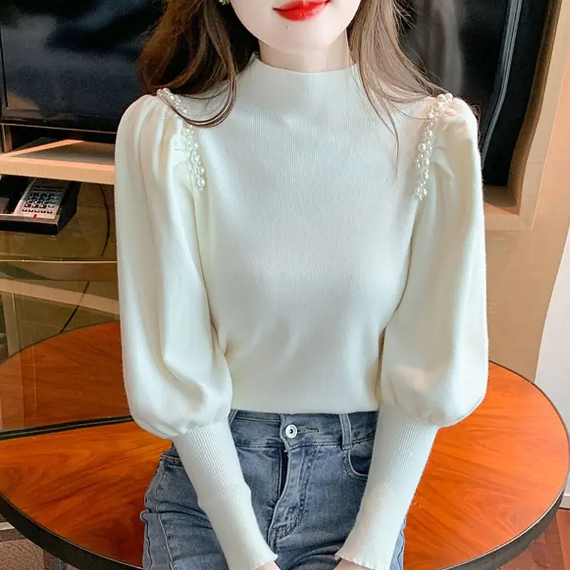 

Elegant Half High Collar Knitted Tops Women's Clothing Autumn Winter Fashion Beading Spliced Solid Color Sweaters for Female