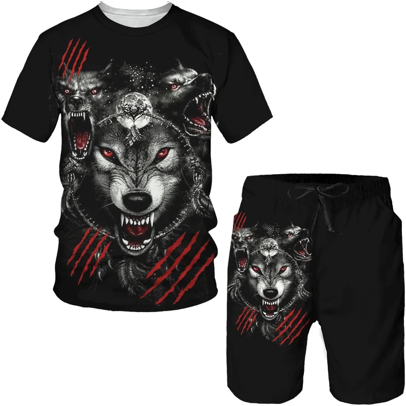 

Summer Men Tracksuit Wolf 3d Printed Short Sleeve Sportwear Fashion Outfit T-Shirt Shorts 2 Piece Casual Suit Oversized Male Set