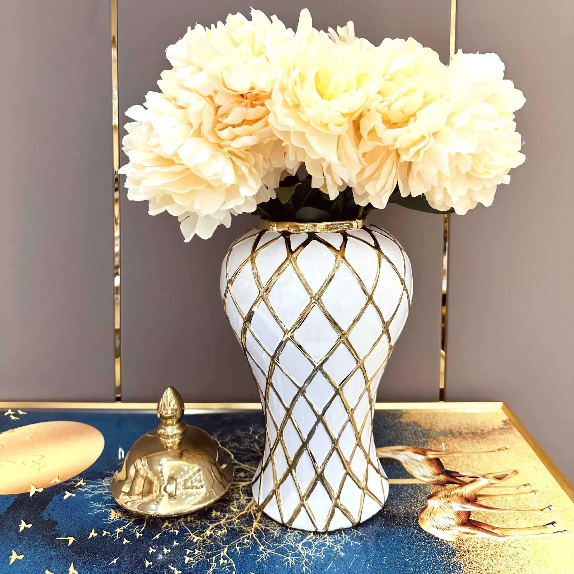 Geometry Gold Diamond Check General Can Ceramic Ginger Jar Flower Vase Porcelain Craftwork Sealed Storage Tank Home Decoration 5