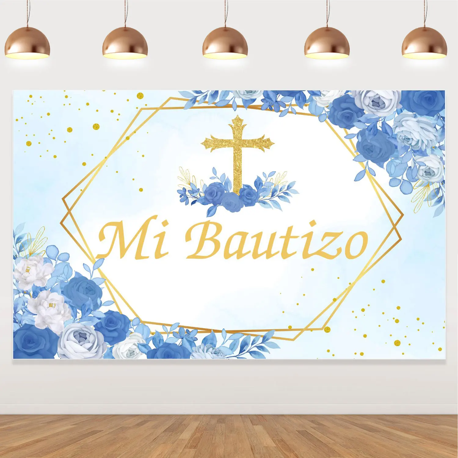 

JOLLYBOOM-Mi Bautizo Backdrop, Blue Baptism Party Decor, God Bless, First Holy Communion Backdrop, Newborn Baby Shower Decor